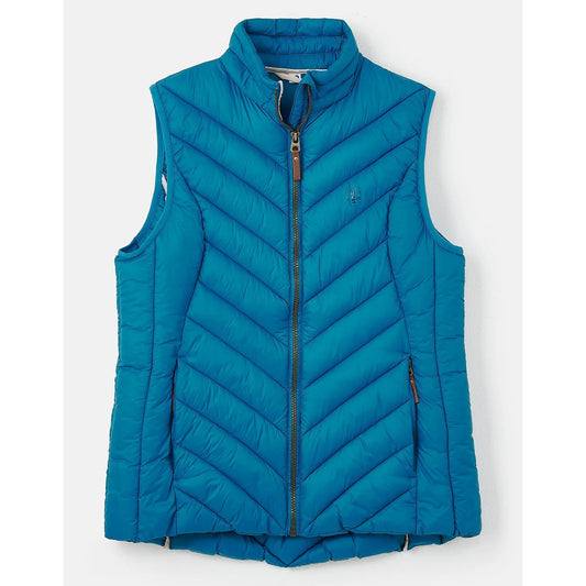 Front view of a womens Lighthouse Laurel teal blue puffer gilet on a white background