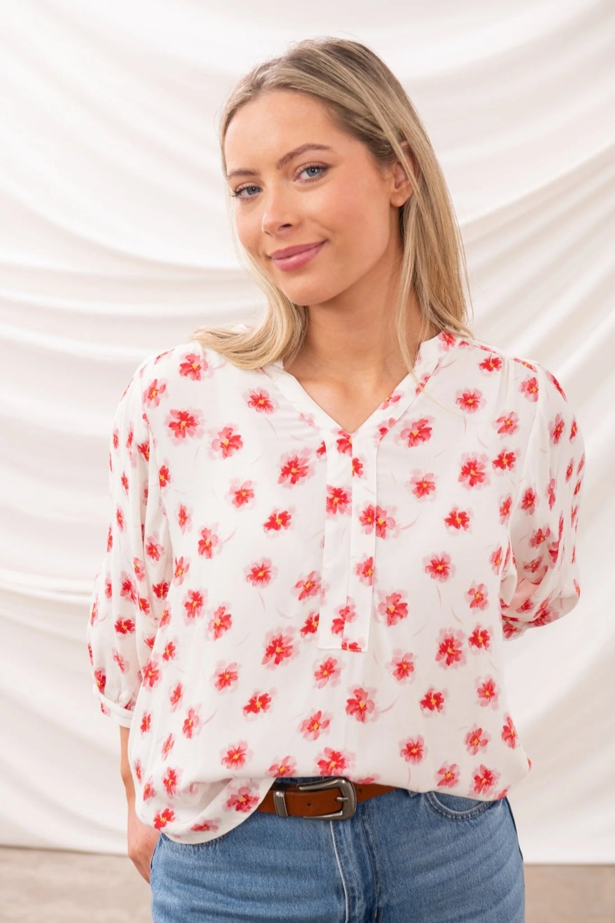 Lighthouse womens Lola blouse in white with red floral print and three-quarter sleeves