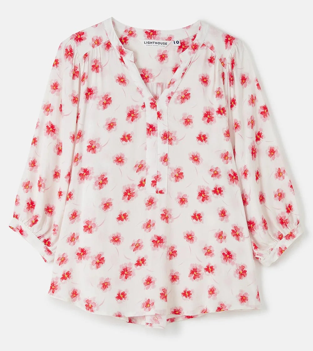 Lighthouse womens Lola blouse white with red floral print and three-quarter sleeves