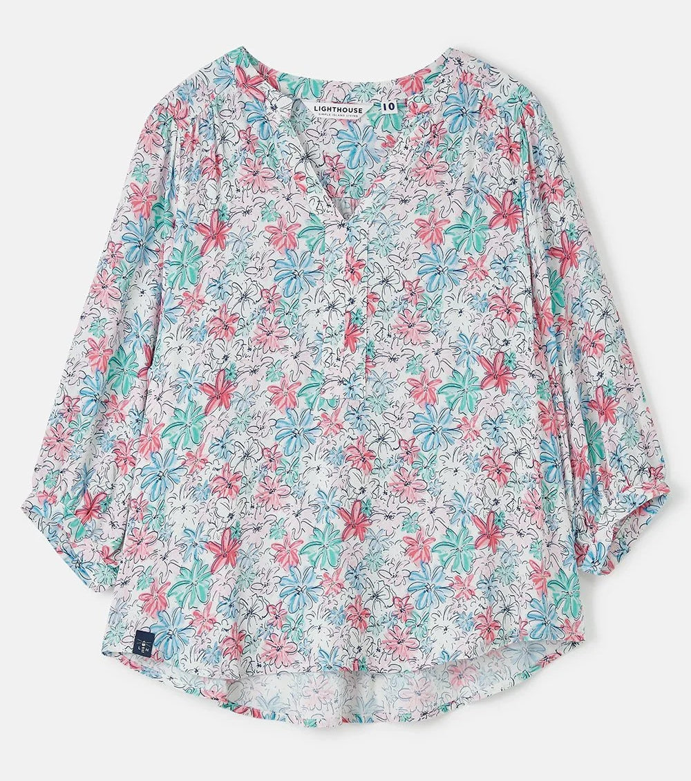 Lighthouse womens Lola floral blouse with pink and blue flowers on a white background