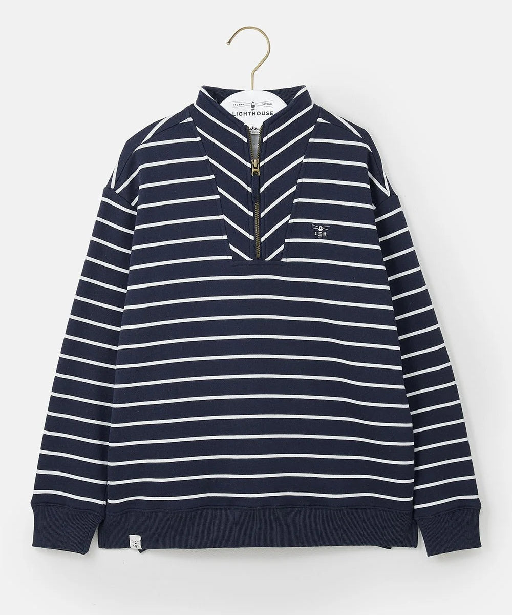 Lighthouse womens navy stripe sweatshirt with white horizontal stripes and quarter zip collar