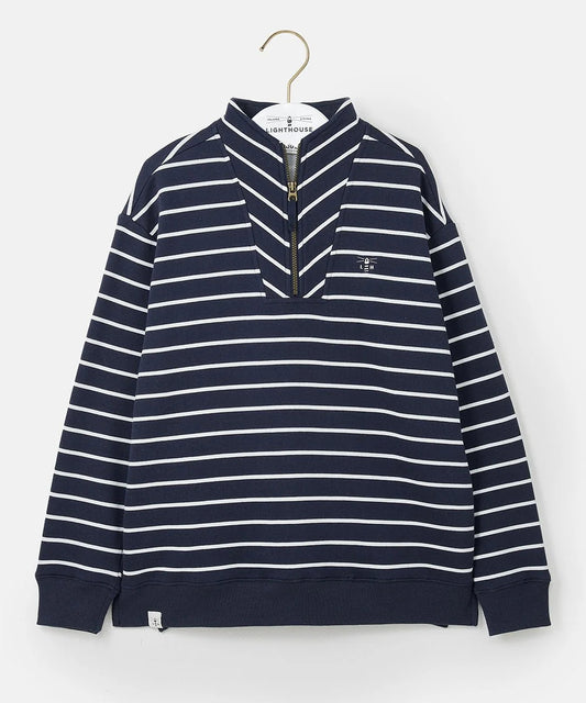 Lighthouse womens navy stripe sweatshirt with white horizontal stripes and quarter zip collar