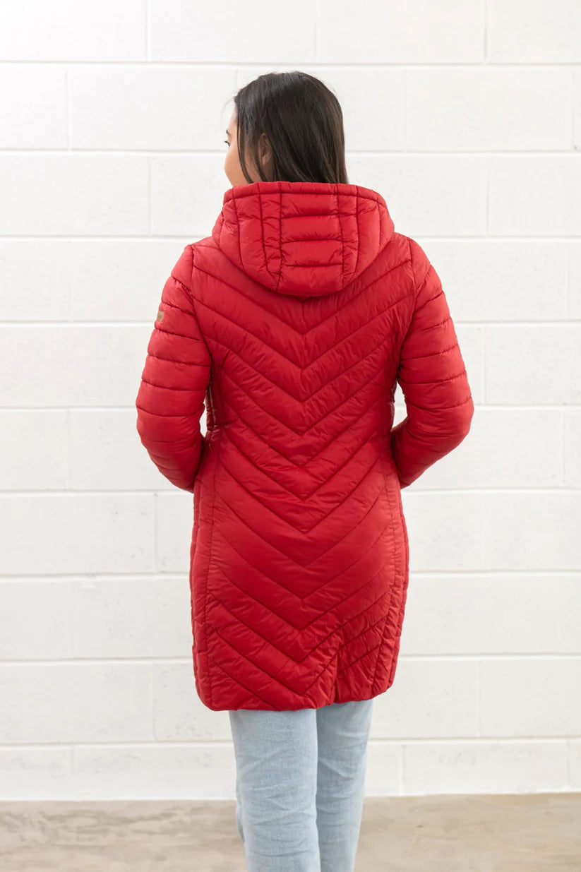 Back view of Lighthouse womens padded coat red with hood and quilted design on model