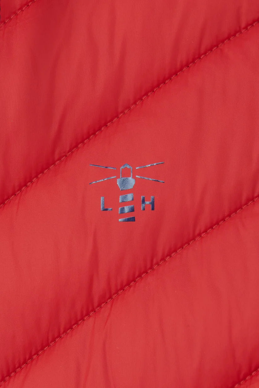 Close-up of Lighthouse womens padded coat red with quilted stitching and logo detail