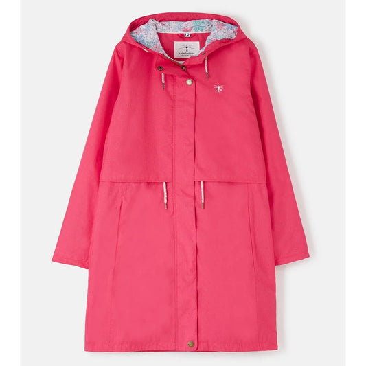 Front view of a womens Lighthouse Pippa 3/4 length waterproof raincoat in Raspberry pink/red with floral hood lining.