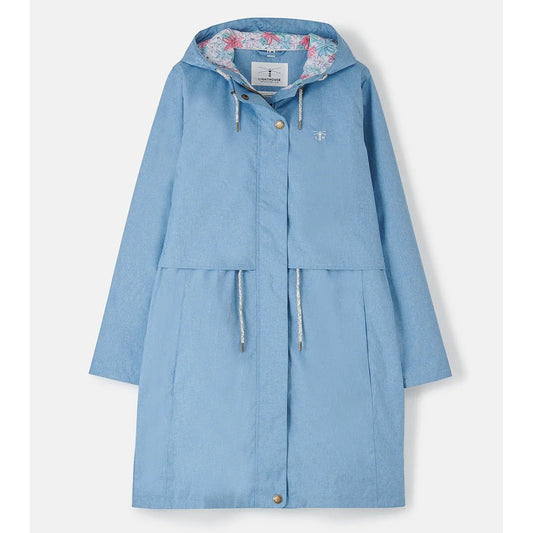 Front view of a womens Lighthouse Pippa 3/4 length waterproof raincoat in Soft Denim Blue with floral hood lining.