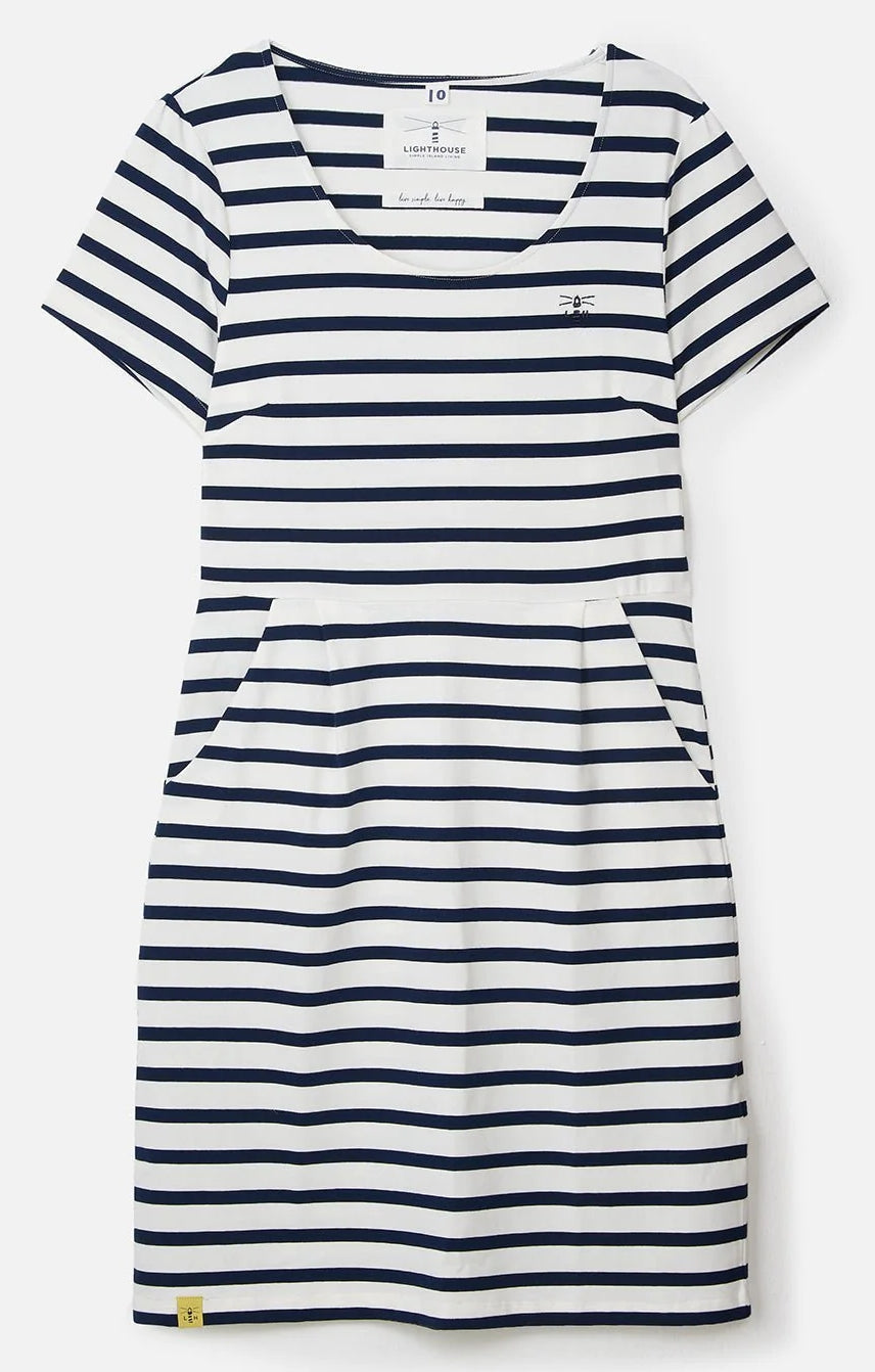 Lighthouse womens short sleeve stripe dress in white with navy horizontal stripes and side pockets