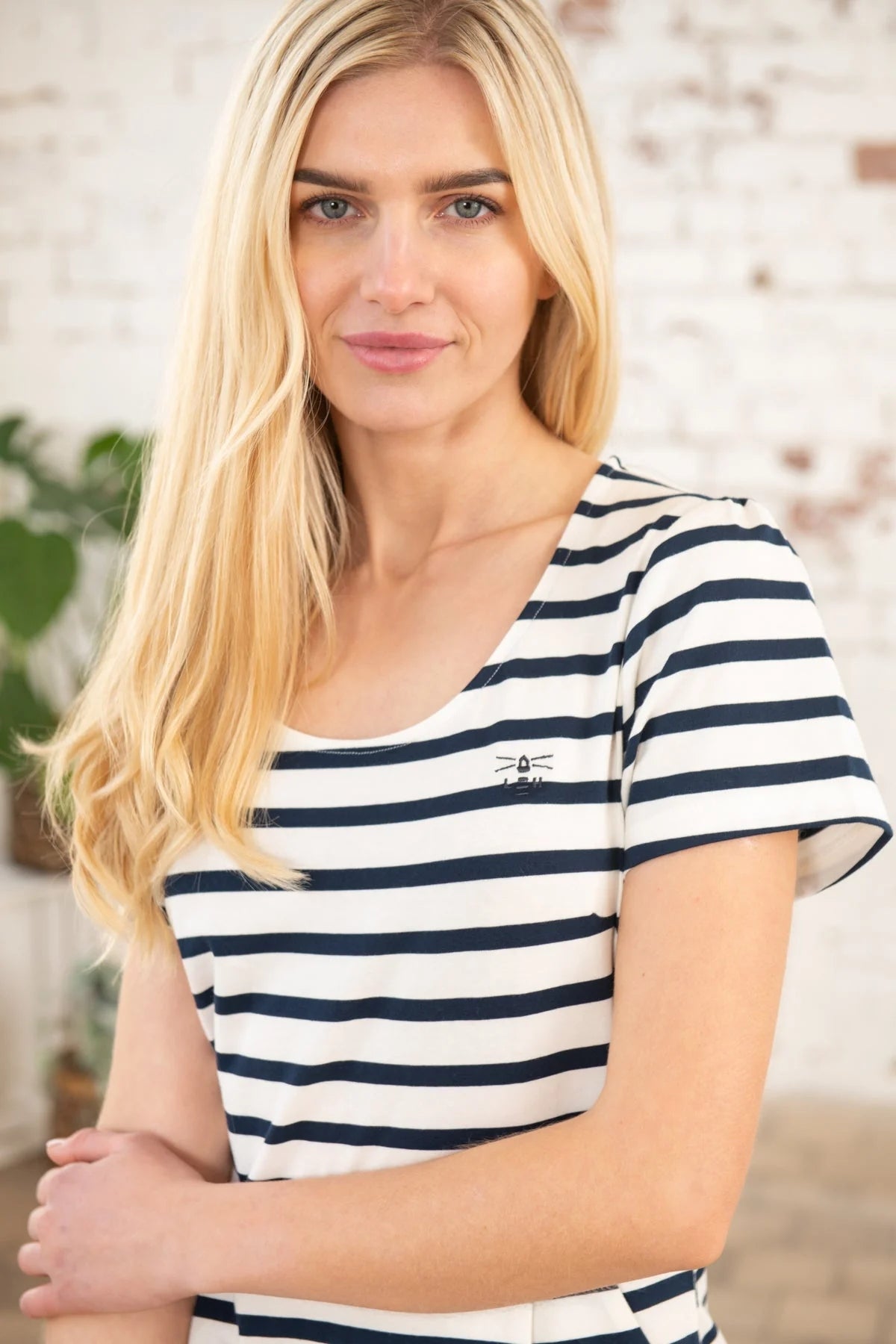Lighthouse womens short sleeve stripe dress with navy and white horizontal stripes and round neckline