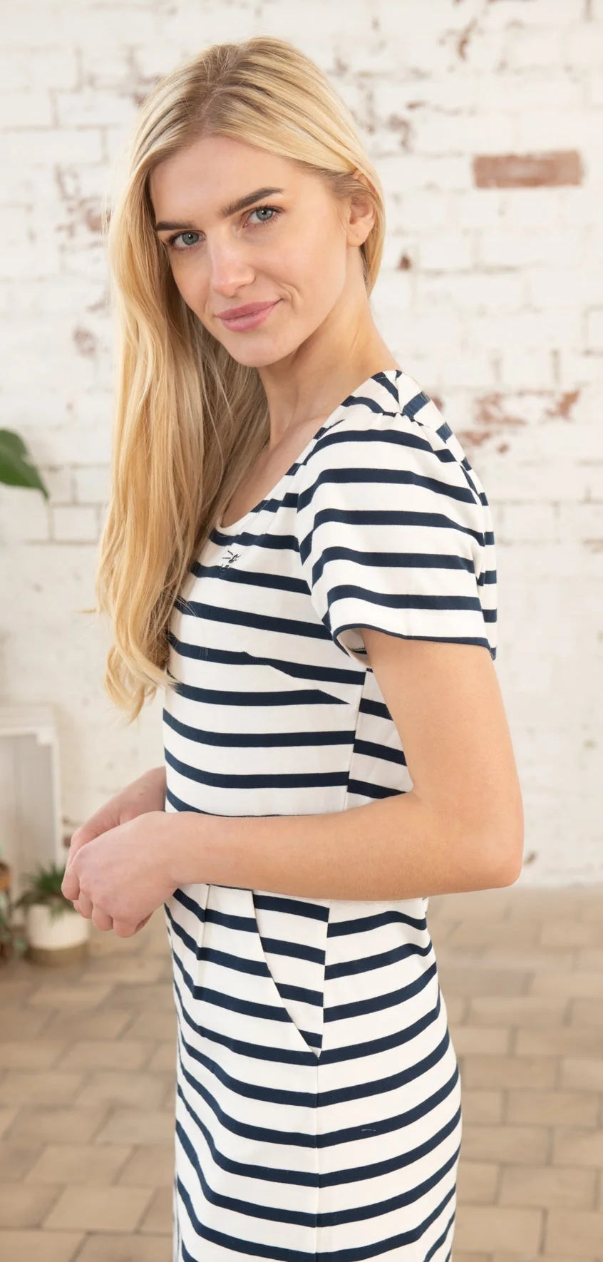 Lighthouse womens short sleeve stripe dress in white with navy horizontal stripes worn by blonde model