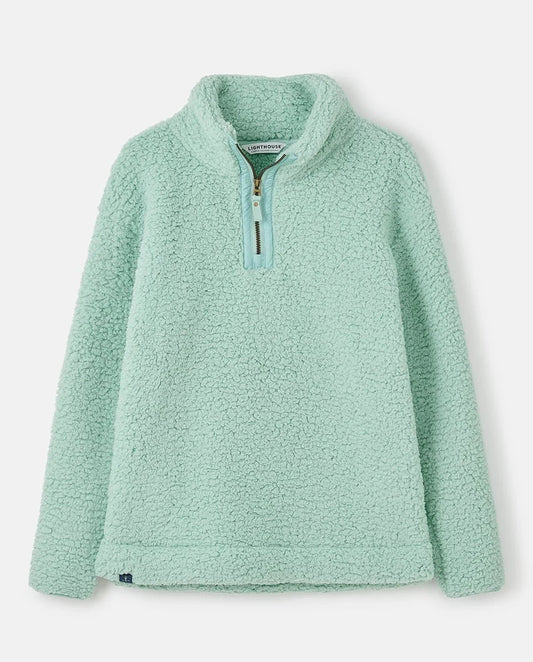 Lightweight soft aqua Lighthouse womens zip neck fleece with long sleeves and quarter zip collar