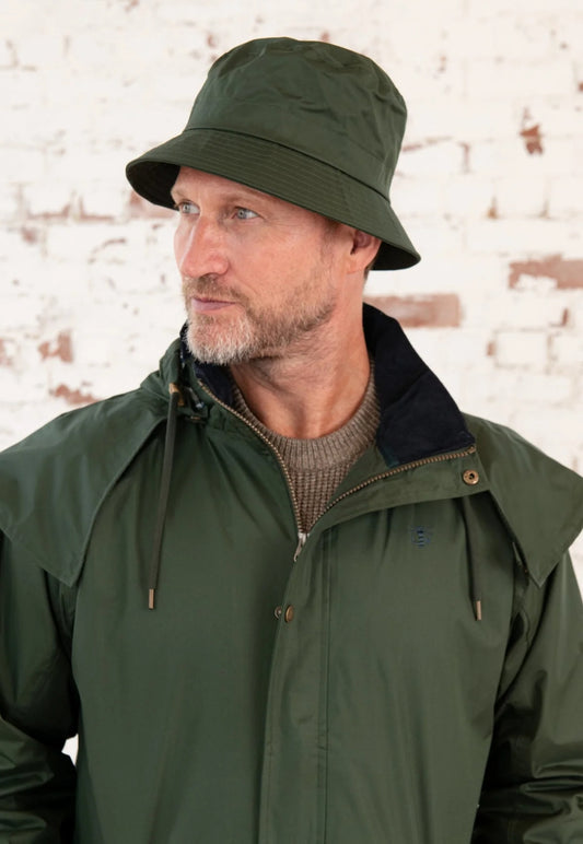 Adults York waterproof brim rain hat in Duffle Green from Lighthouse.