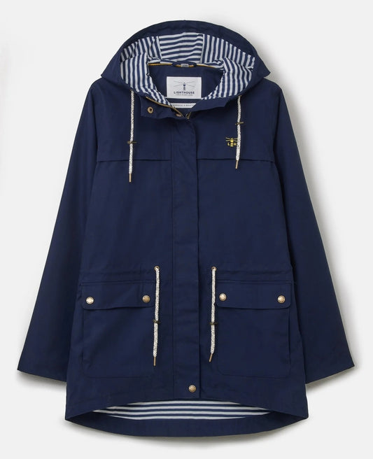 Lighthouse women's navy Alicia hip length waterproof rain jacket.