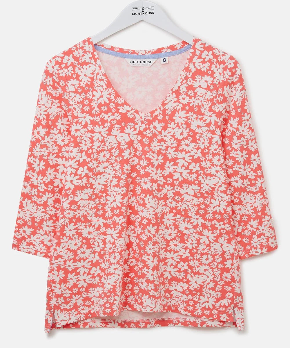 Lighthouse Womens Ariana V-Neck Top - Coral Daisy Print