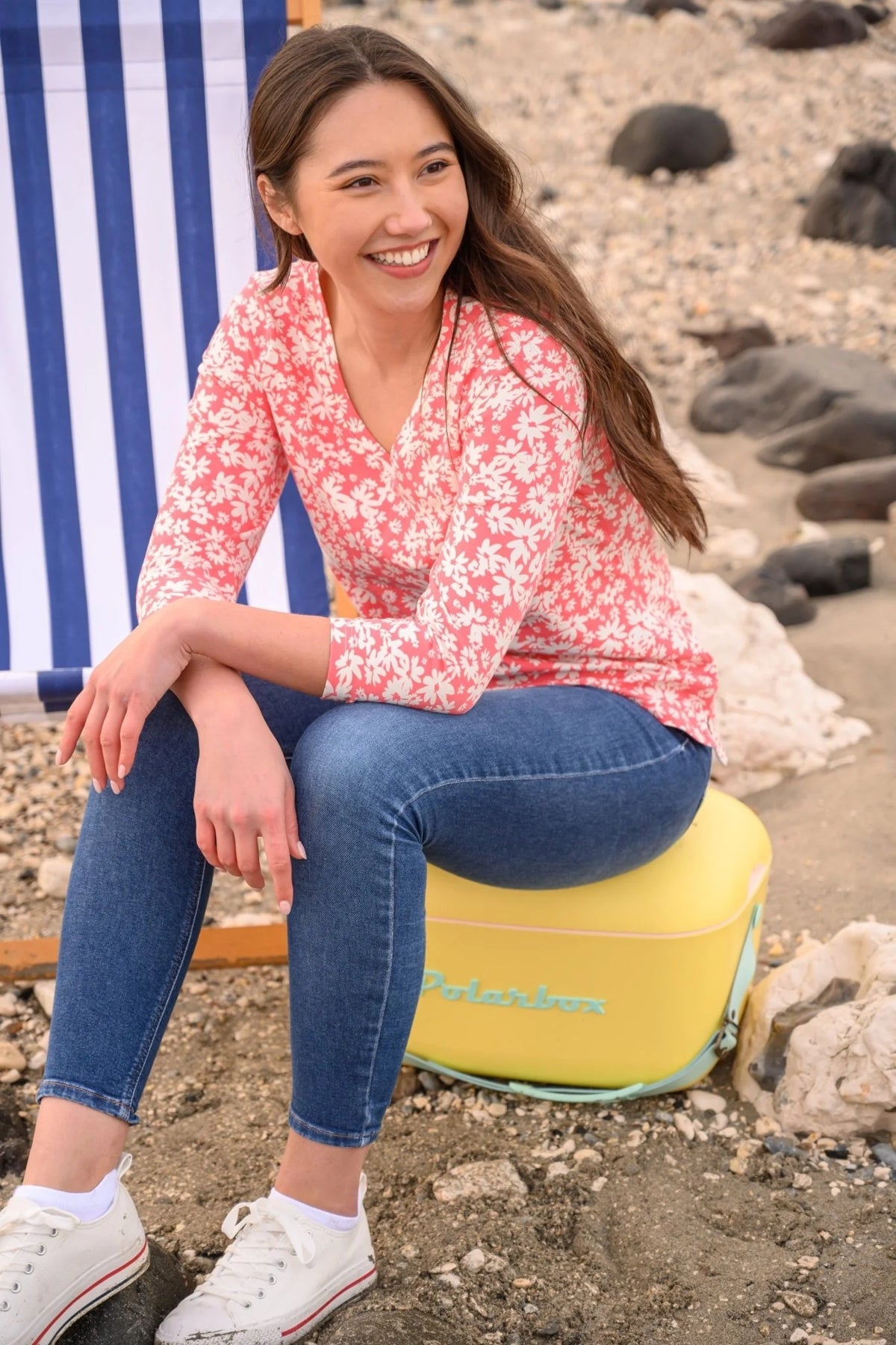 Lighthouse Womens Ariana V-Neck Top - Coral Daisy Print