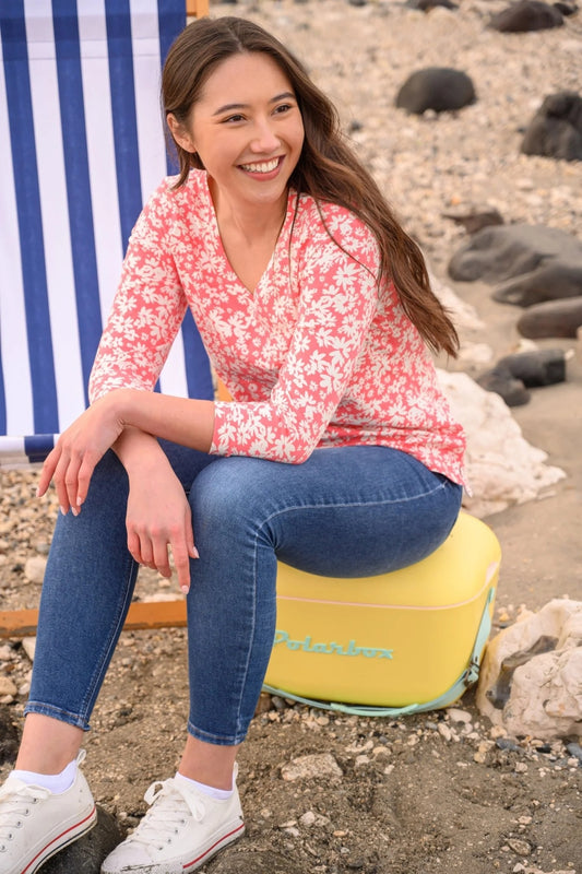 Lighthouse Womens Ariana V-Neck Top - Coral Daisy Print