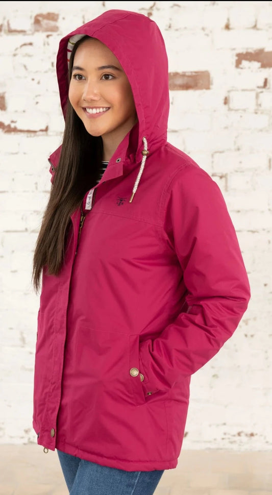 Women's hooded waterproof Eva rain coat from Lighthouse in Claret Red.