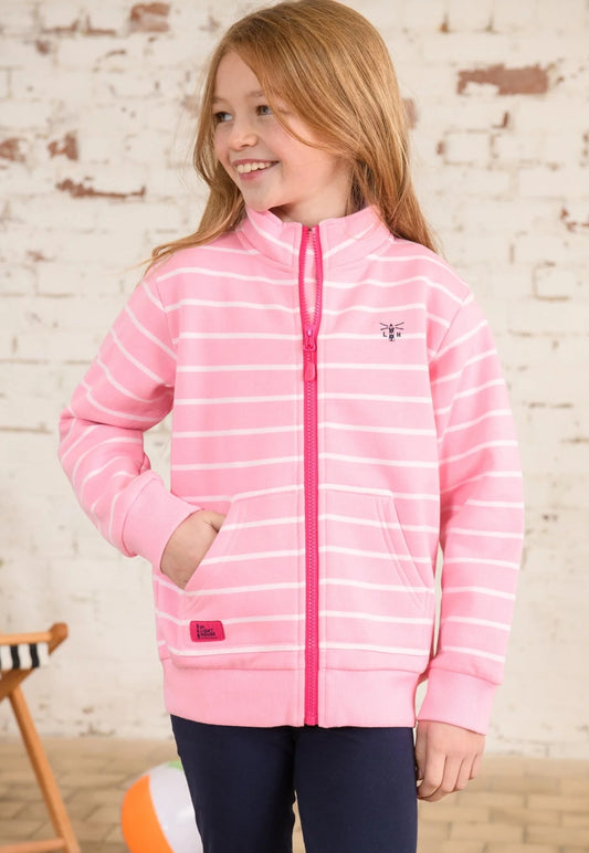 Lighthouse kids Ava full zip sweatshirt in Blush Pink with white stripes.