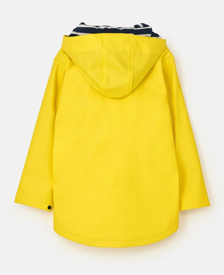 Back view of the kids yellow Max hooded raincoat from Lighthouse clothing.