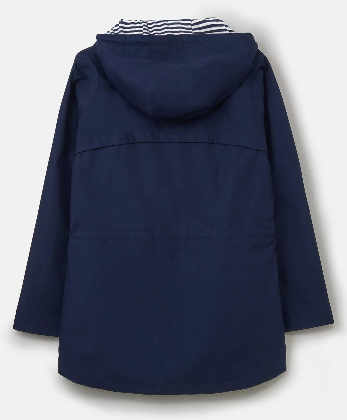 Lighthouse women's navy Alicia hip length waterproof rain jacket with stripe lining.
