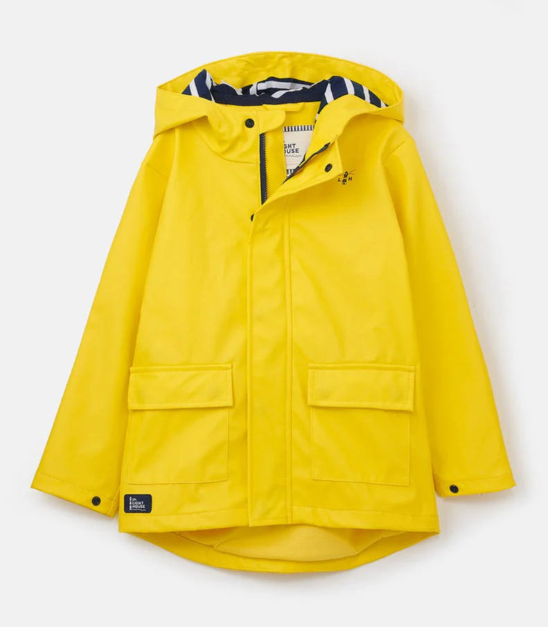 Front view of a kids yellow waterproof Max raincoat from Lighthouse with navy and white stripe lining.