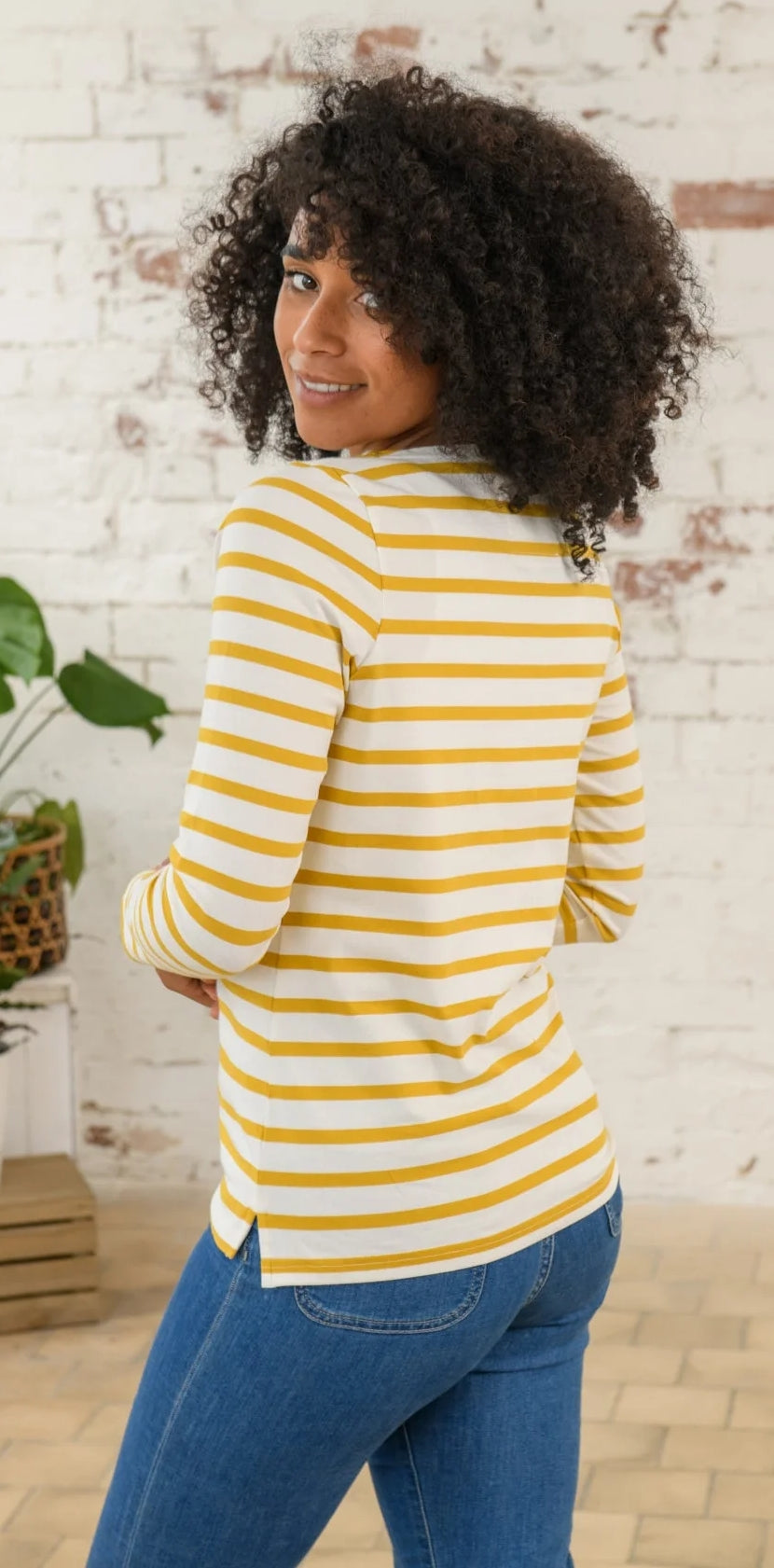Lighthouse women's long sleeve Causeway breton t-shirt in white with yellow stripes.