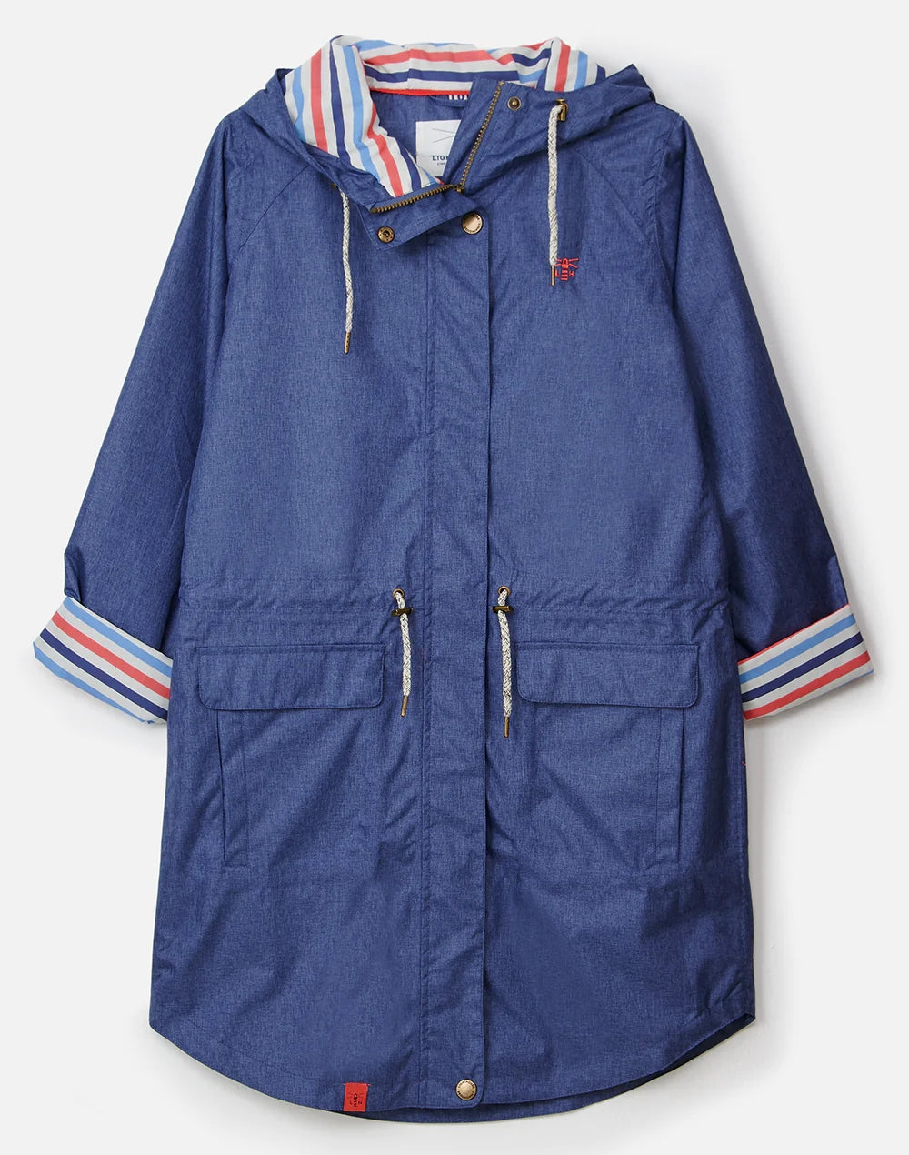Lighthouse women's Alice waterproof rain coat in Denim Blue with drawstring waist and roll back sleeves.