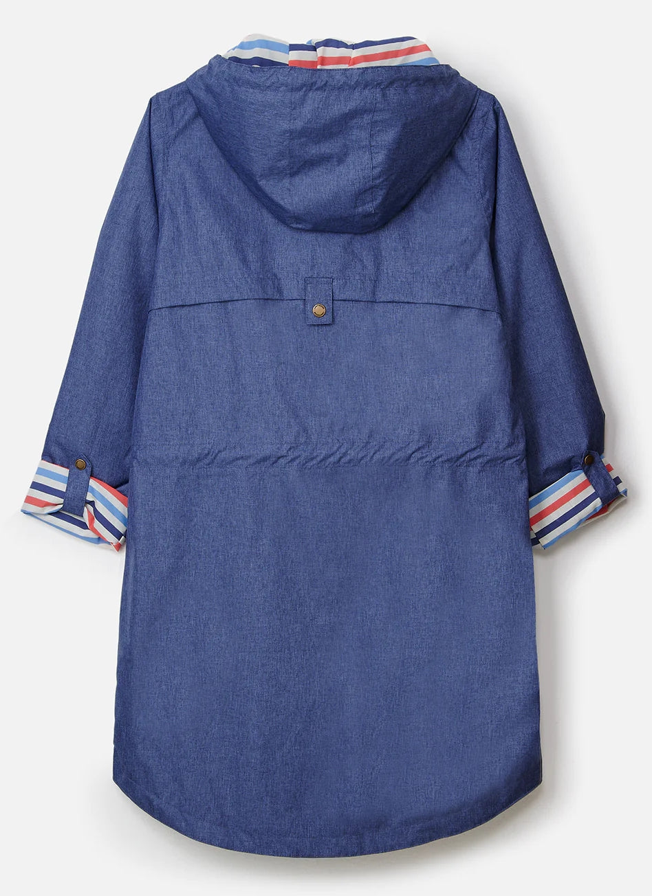 Women's Lighthouse Alice waterproof rain coat in Denim Blue with drawstring waist and roll back sleeves.