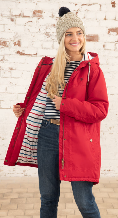 Lighthouse women's Red waterproof Eva Long padded coat with stripe lining.