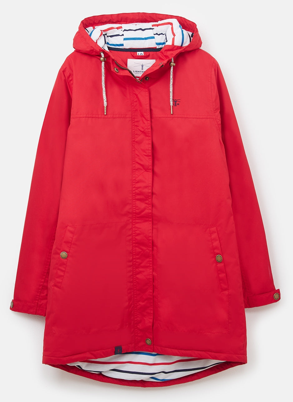 Women's Eva Long padded waterproof rain jacket from Lighthouse in Red.