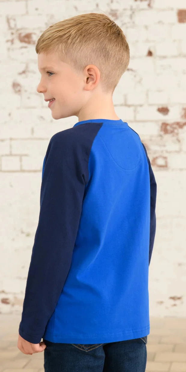 back of long sleeve t-shirt. Blue body and navy sleeves.