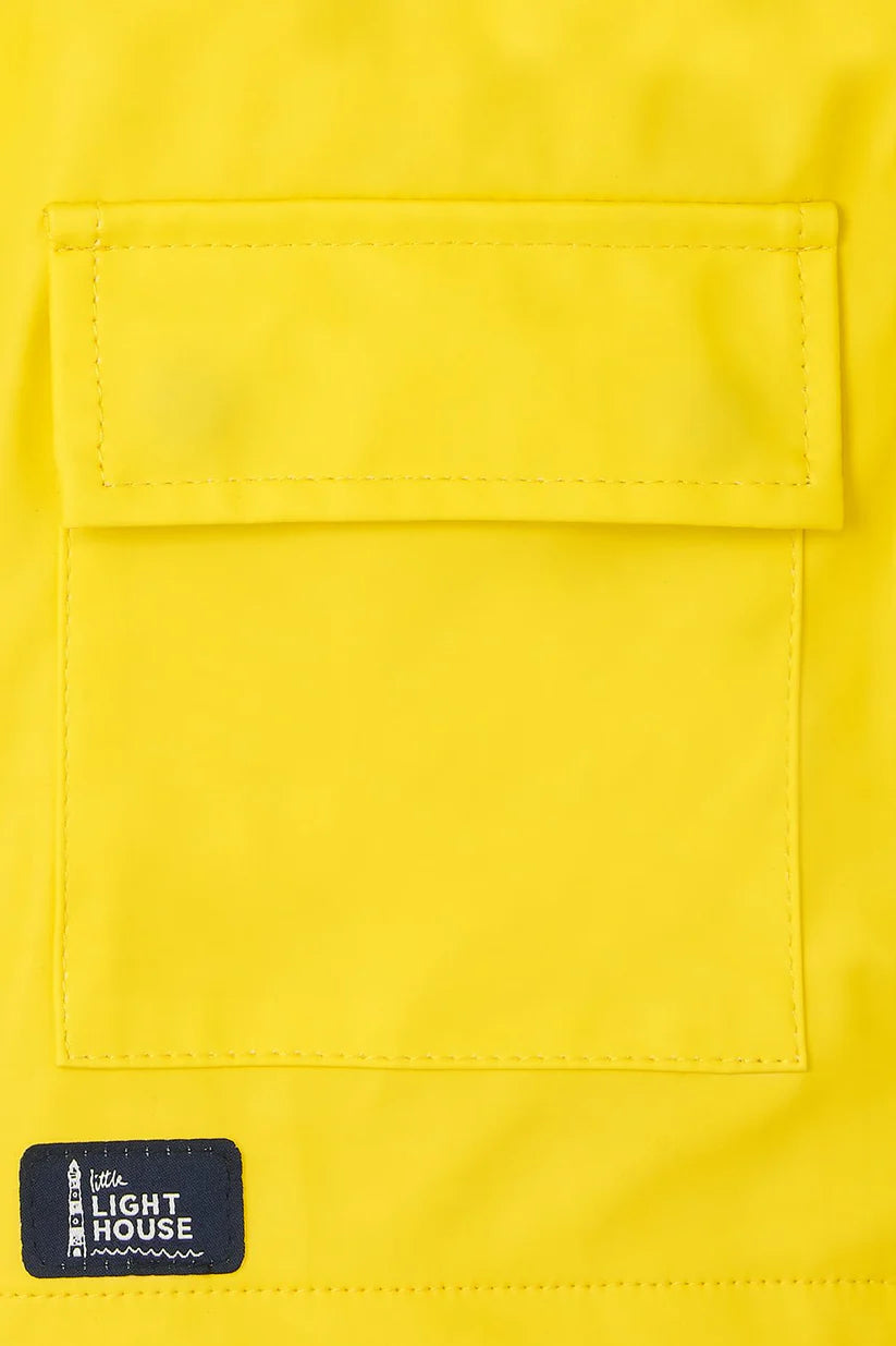 Flap pocket on the kids yellow Max raincoat from Lighthouse.