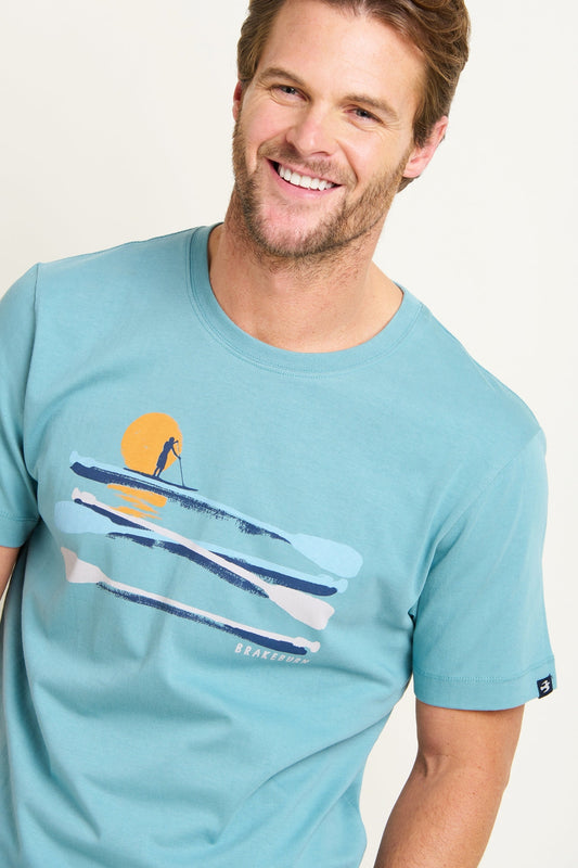 Mens Brakeburn paddleboard tee blue with paddleboard graphic and sunset design