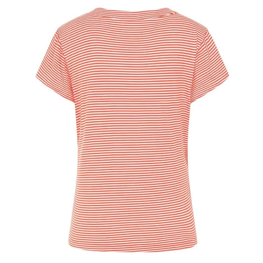 Back view of a Mudd & Water short sleeve womens St Tropez top in a coral and white fine stripe pattern on a white background