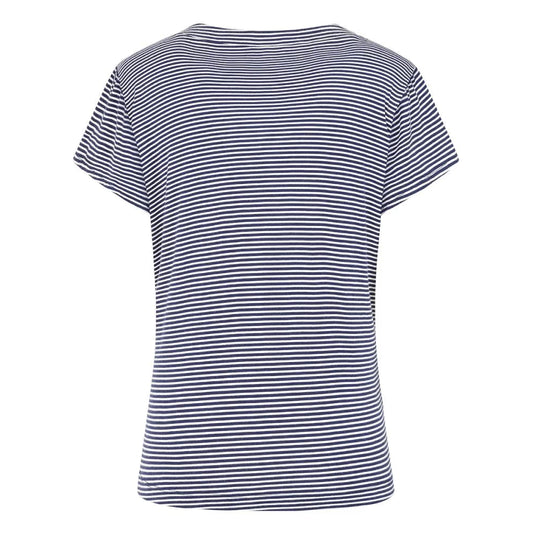Back view of a navy and white fine stripe pattern Mudd & Water womens St Tropez top on a white background