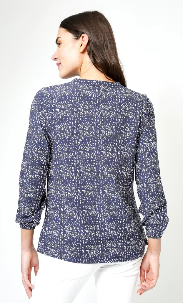 Back view of Mudd and Water womens blouse navy with long sleeves and abstract pattern