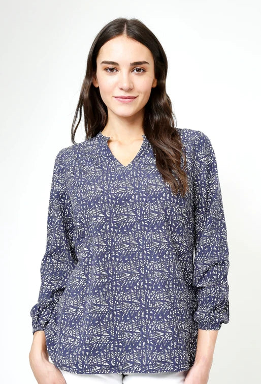 Front view of a Mudd and Water womens blouse navy with abstract print and long sleeves worn by female model