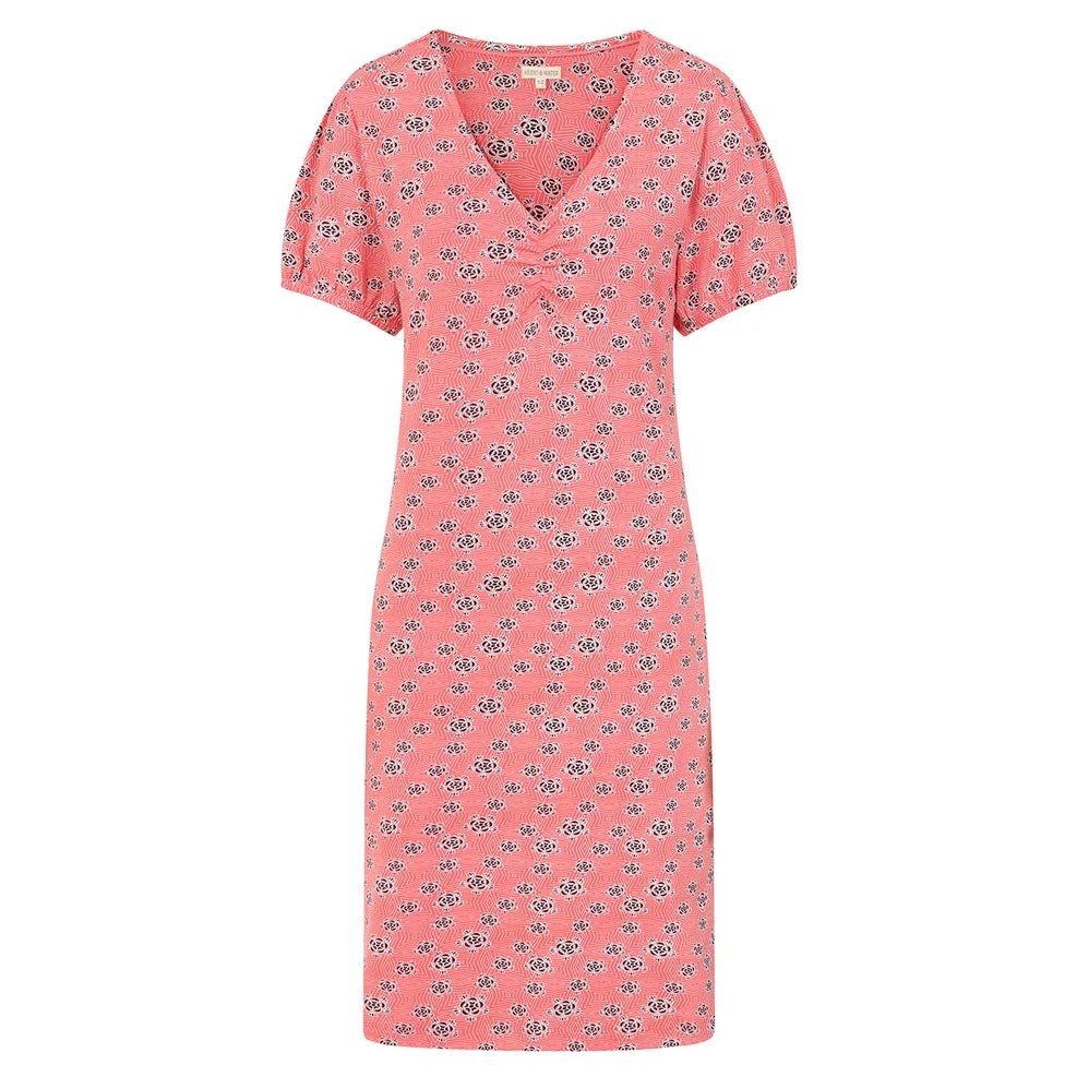 Front view of a Mudd and Water womens Florina dress in Geo Hot Coral with short sleeves V-neck and floral pattern