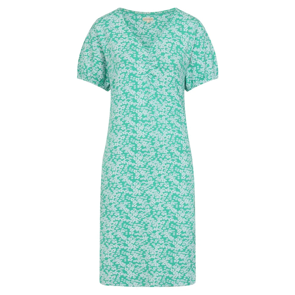 Front view of a Mudd and Water womens Florina floral dress mint with short sleeves and fitted silhouette