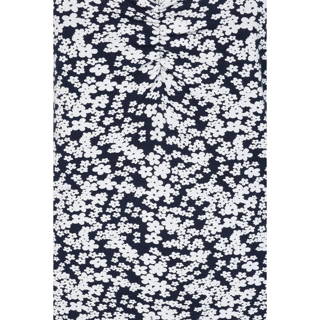 Close-up of fabric pattern on Mudd and Water womens Florina floral Navy dress with white flowers