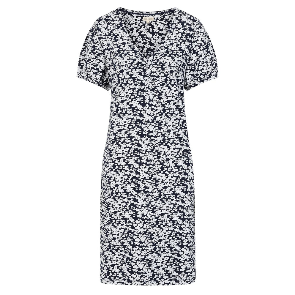 Front view of a Mudd and Water womens Florina floral Navy dress with short sleeves and V-neckline