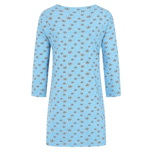 Mudd and Water womens Francoise tunic blue with black floral geometric print and three-quarter sleeves