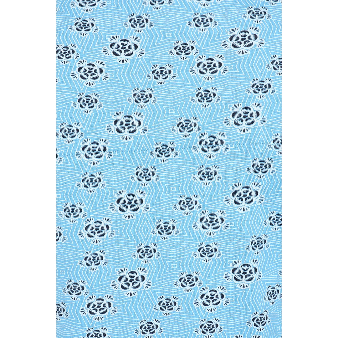 Close-up of Mudd and Water womens Francoise tunic blue with floral and geometric pattern fabric