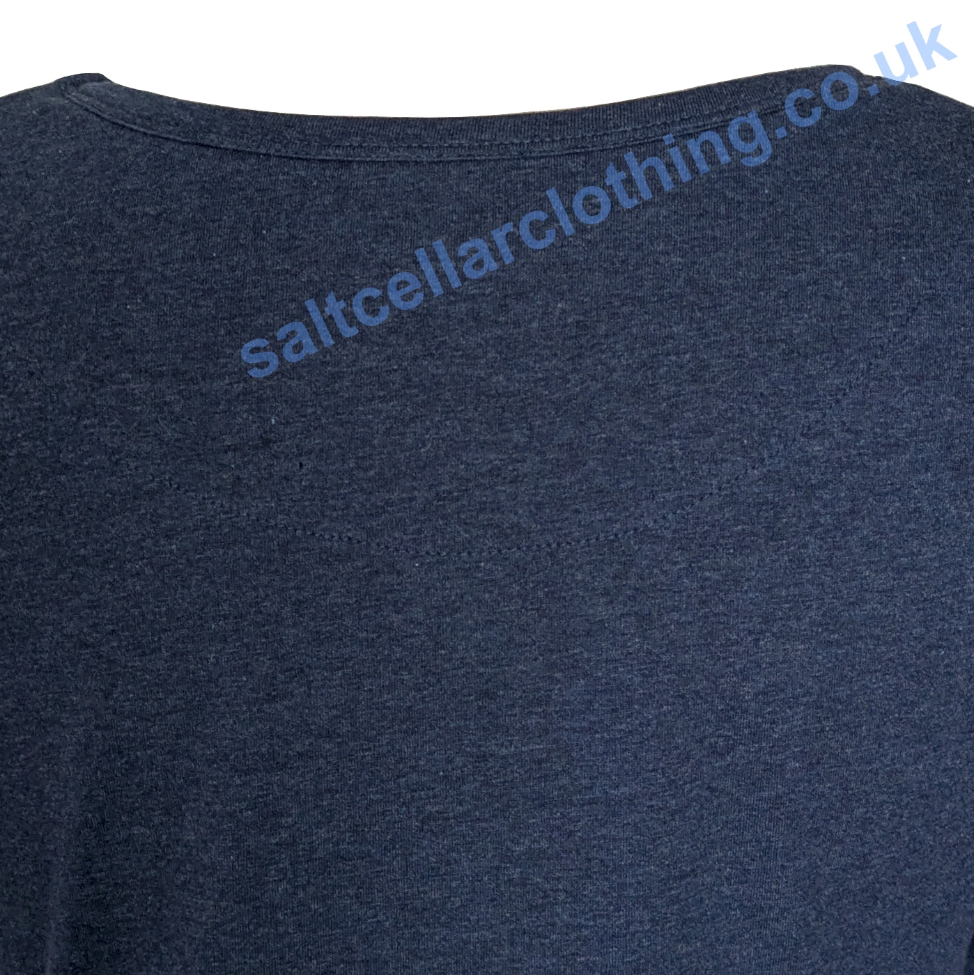 Close up of navy marl fabric of a Mudd & Water womens Petal Tee on a white background.