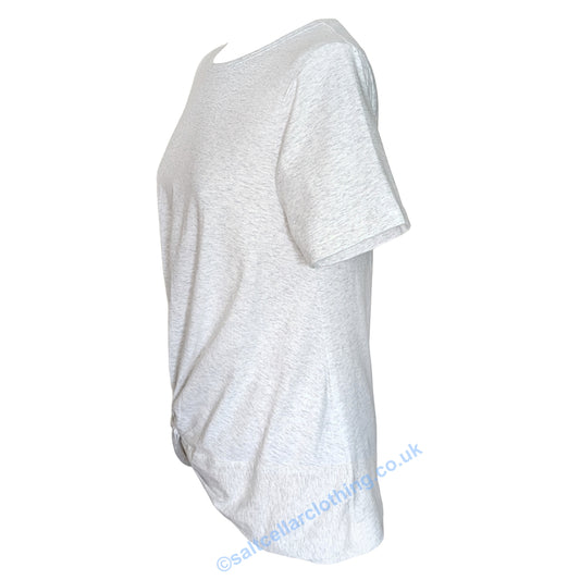 Side view of a Mudd & Water womens Petal short sleeve t0shirt in White Marl, with a twisted fabric front design on a white background