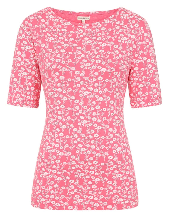 Front view of the Mudd and Water womens Kendal pink floral top with short sleeves and a round neckline