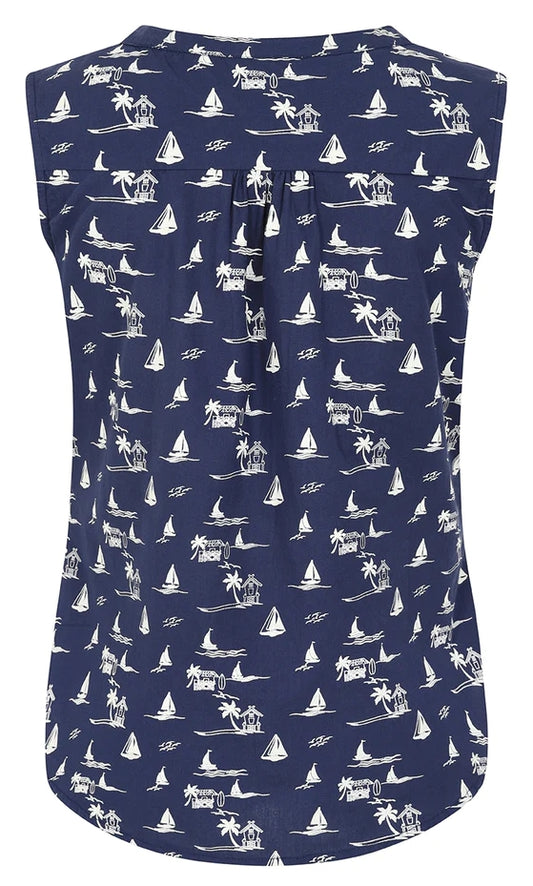 Back view of a Mudd & Water womens sleeveless Sunrise Blouse in navy with a nautical sailboat and palm tree pattern on a white background