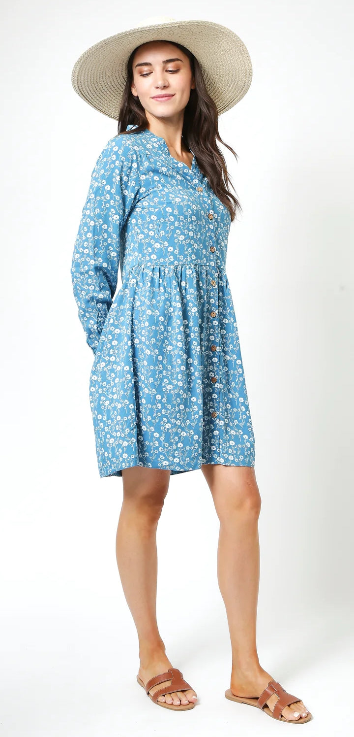 Front view of the Mudd and Water womens Cellini tunic in blue floral with long sleeves and button front styling