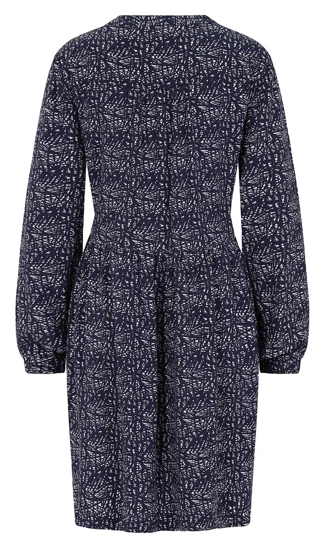 Back view of Mudd and Water womens tunic navy with long sleeves and abstract pattern