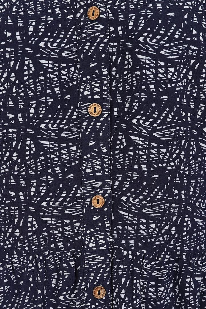Close-up of Mudd and Water womens tunic navy with abstract pattern and wooden buttons