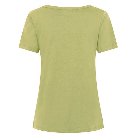 Back view of a womens short sleeve Olive Green t-shirt on a white background